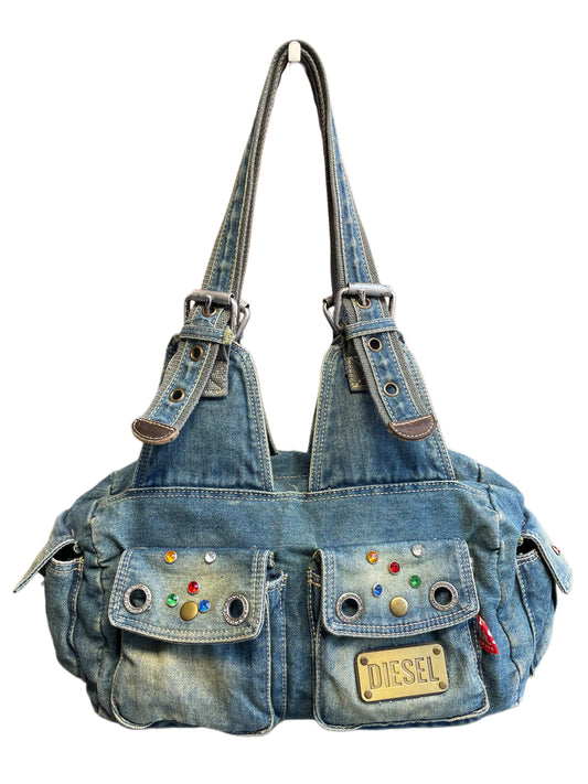 Diesel Tasche aus Jeans mit Glitzersteinen